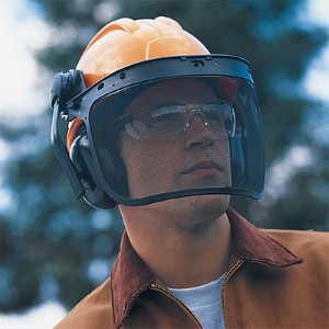 hard hat with face shield and ear protection